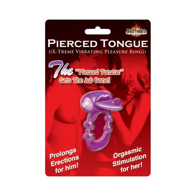 Red Pierced Tongue retail card holding the purple Xtreme Vibes ring