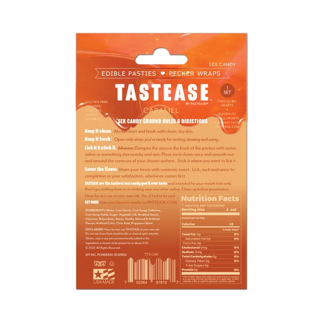 Rear panel of Tastease Caramel pasties package