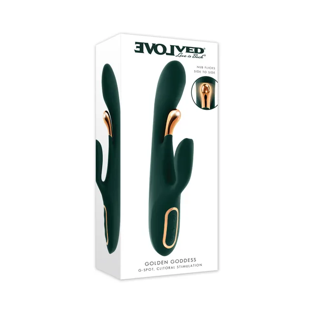 Evolved Golden Goddess deep green dual G-spot vibrator displayed in the tall white retail box