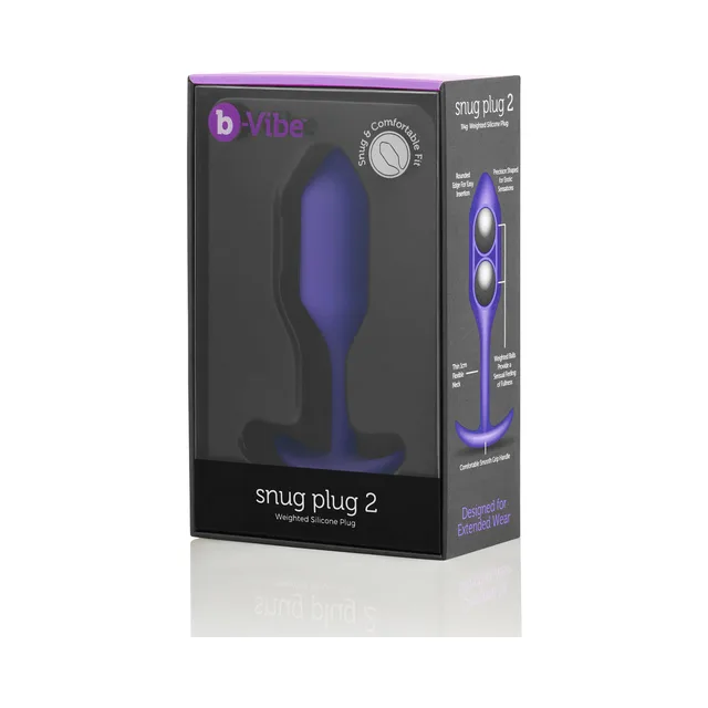 Purple b-Vibe Snug Plug 2 in tall black and turquoise retail box