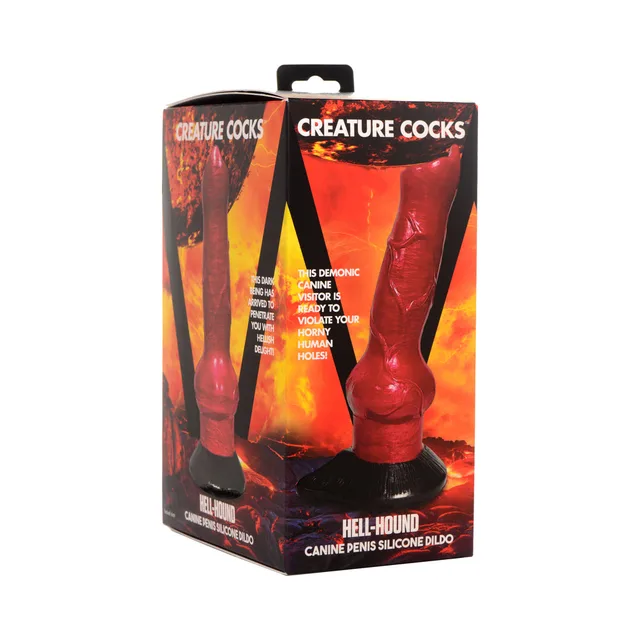 red Creature Cocks Hell-Hound canine silicone dildo with black base on fiery box