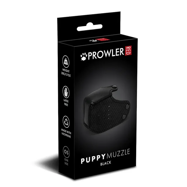 Prowler RED black neoprene Puppy Muzzle pictured on black brick-pattern box with perforated front and side snap tabs