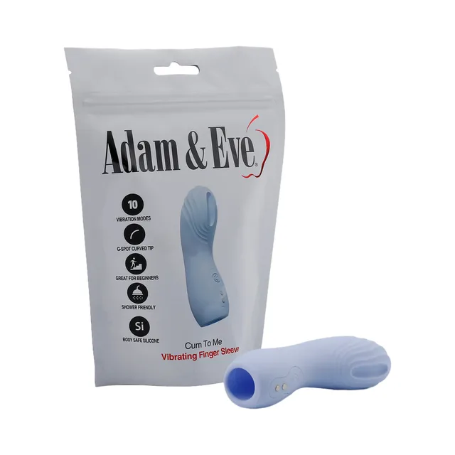 Periwinkle Adam and Eve Cum To Me finger vibrator beside white bag