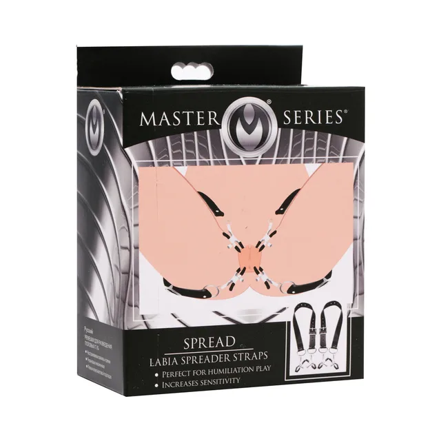 Master Series Spread black thigh straps with four silver screw clamps on box