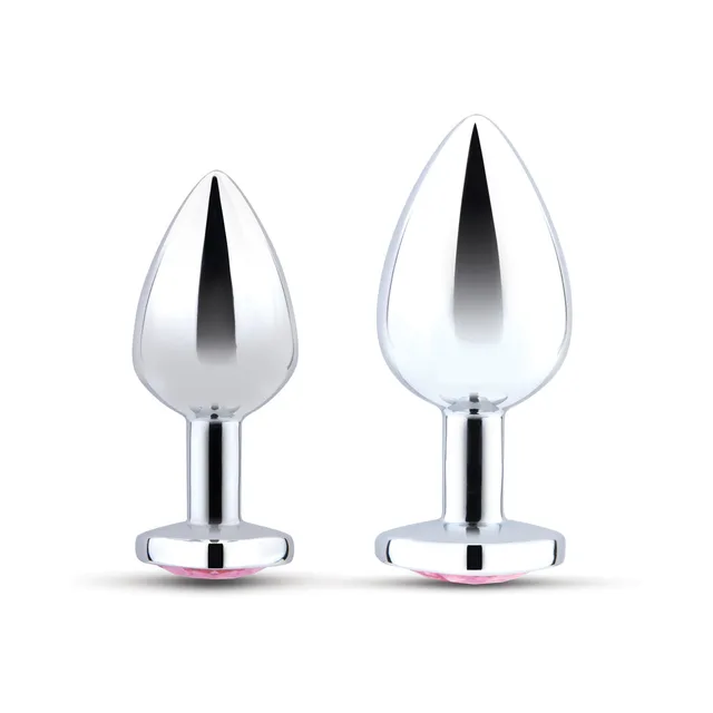 Two silver b-Vibe Jewel plugs shown upright by size