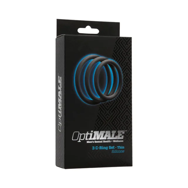 Doc Johnson OptiMALE Thin Ring Set black retail box with blue ring graphic