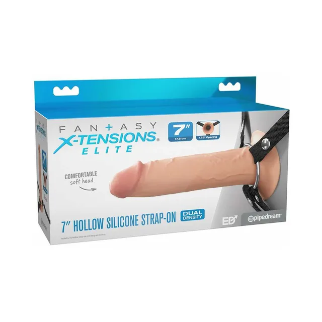 Fantasy X-Tensions Elite 7-inch light hollow strap-on with black harness in blue retail box