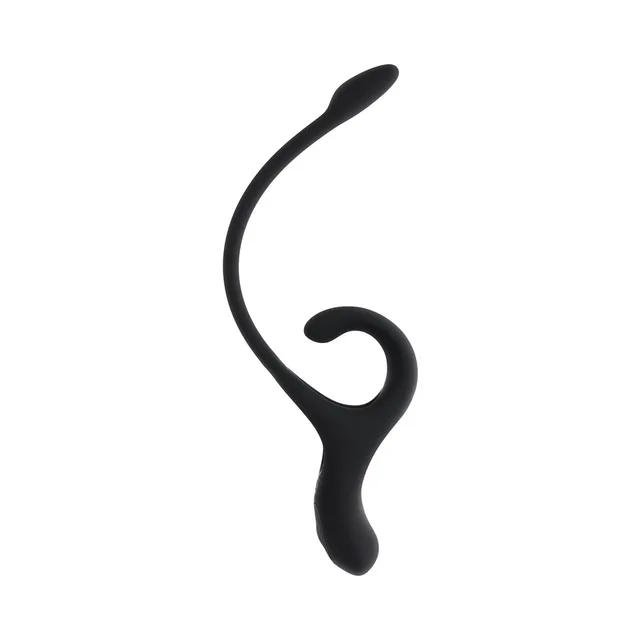 Front view of black multi-arm vibrator with curled loop and long stem