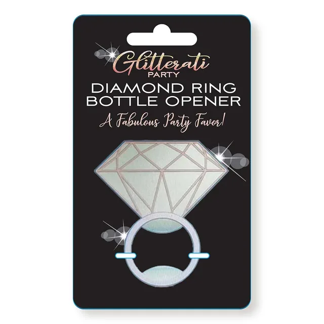 Silver diamond ring bottle opener on black Glitterati card