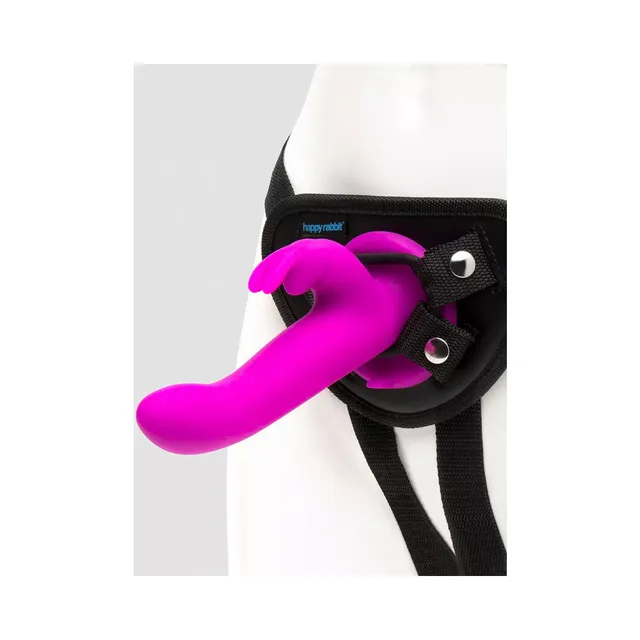 Angled front view of purple rabbit strap-on harness