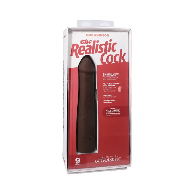 9-inch chocolate Realistic Cock ULTRASKYN dildo in red clear-front retail case