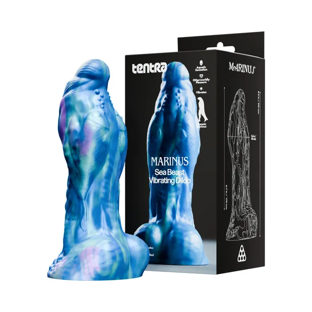 Tentra Marinus blue marbled sea-beast vibrating dildo beside black retail box