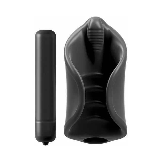 PDX Elite Black Silicone Stimulator Stroker open sleeve beside cylindrical vibrating module