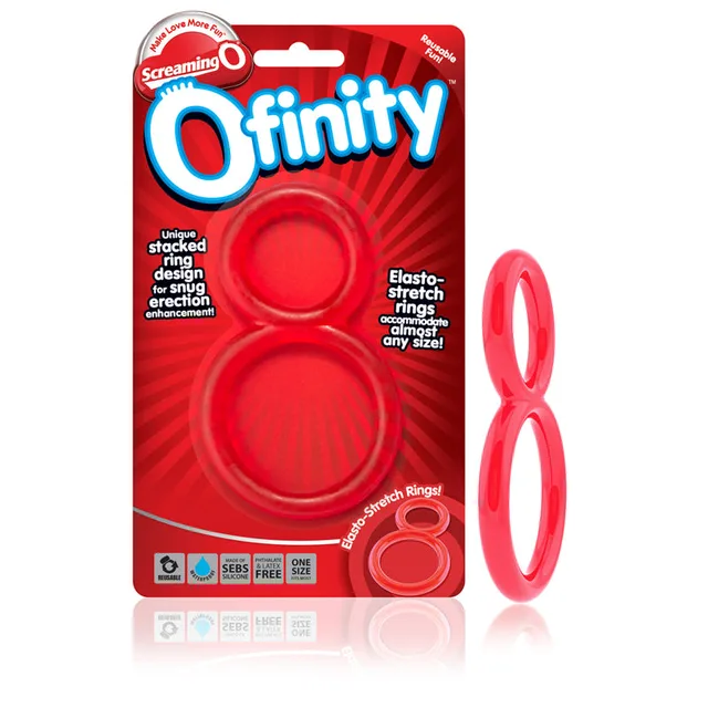 Screaming O Ofinity Red red figure-eight ring beside red hanging card