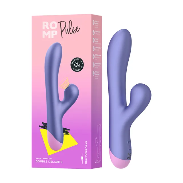 Purple ROMP Pulse rabbit vibrator standing beside pink product box