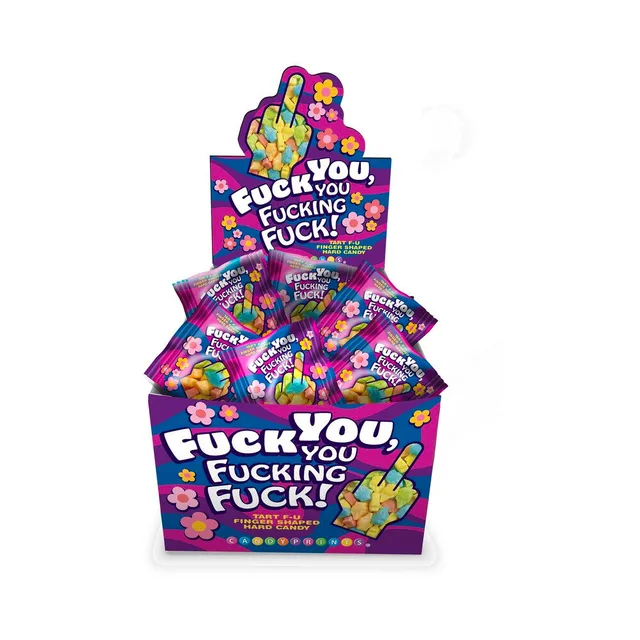 Open Fuck You candy display filled with colorful mini-packs