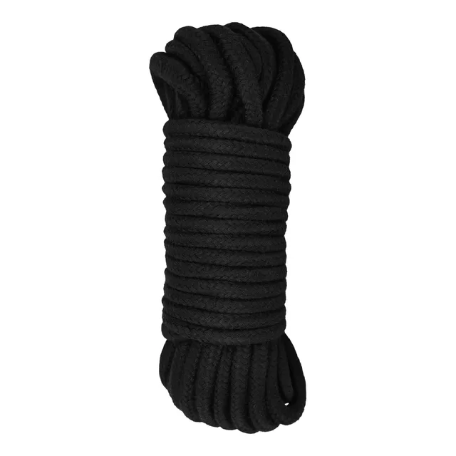 Adam and Eve black 30-foot bondage rope compact tied coil on white background