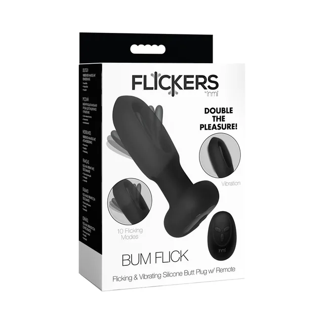 Flickers Bum Flick black silicone plug and remote pictured on retail carton