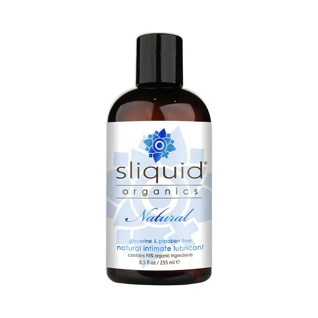 Amber 8.5 oz Sliquid Organics Natural bottle with black cap and blue botanical label