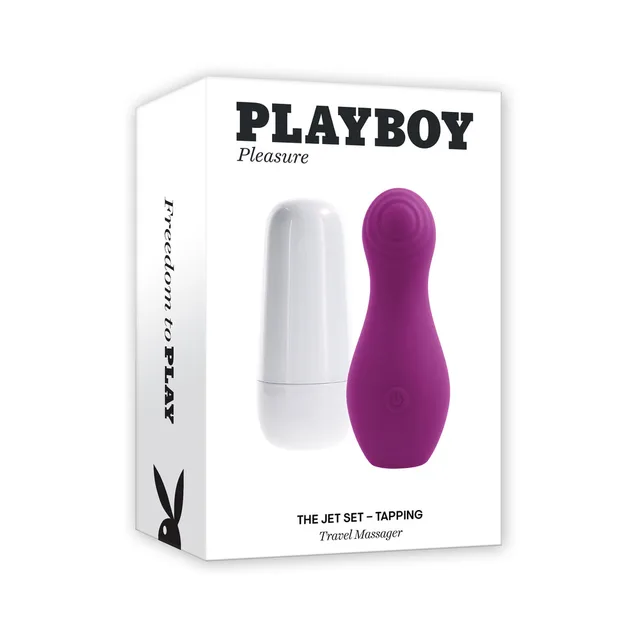Playboy Jet Set Tapping pink toy and white case pictured on box