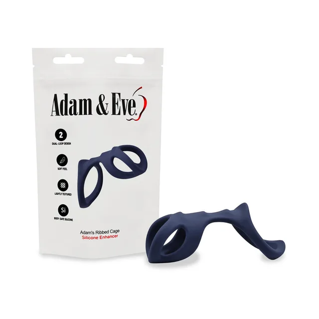Adam's navy Ribbed Cage beside white hanging pouch
