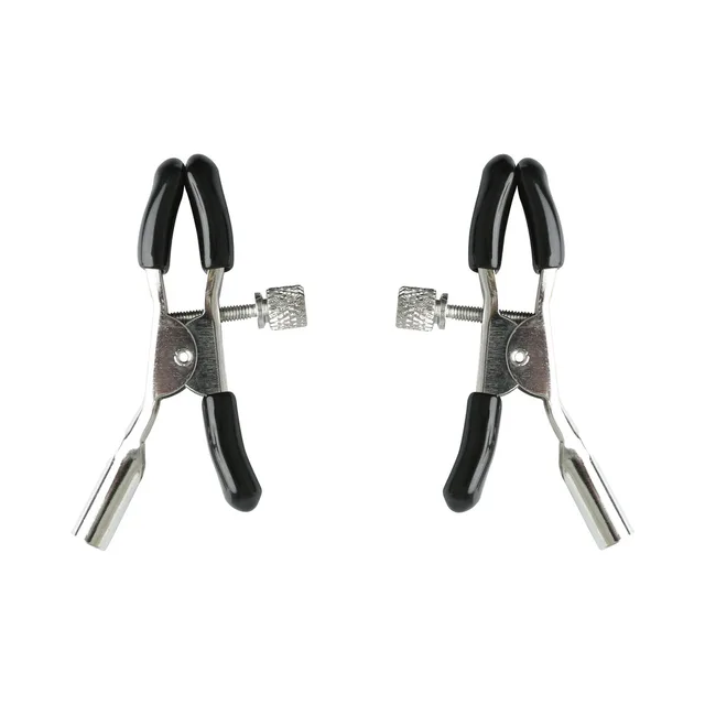 Pair of Silver Nipple Clips with black padded jaws