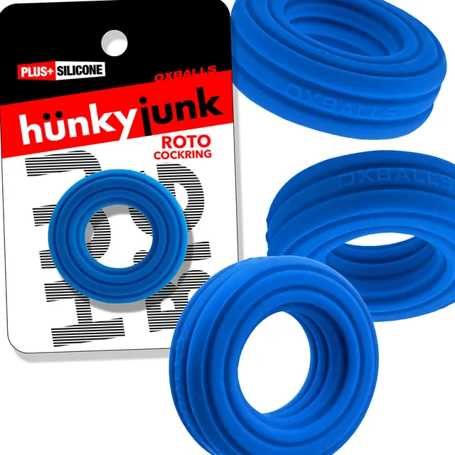 Oxballs Hunkyjunk Roto Teal Fizz grooved cock ring retail package with three blue-teal product angles