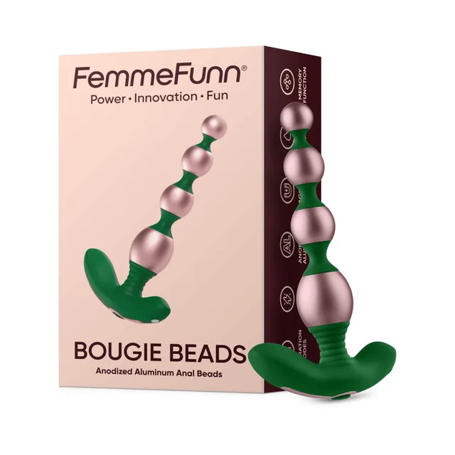 Rose-gold FemmeFunn Bougie graduated anal beads with green handle and box