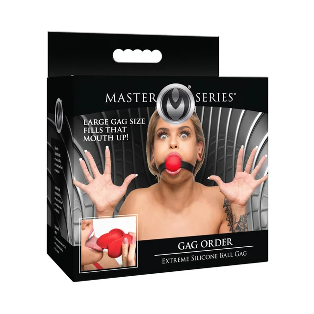 XR Brands Master Series red silicone ball gag on black locking strap pictured in silver retail box