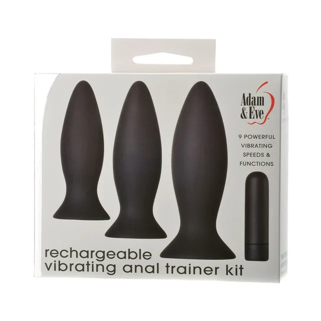 Adam & Eve black vibrating anal trainer kit three plugs and bullet pictured on white retail box