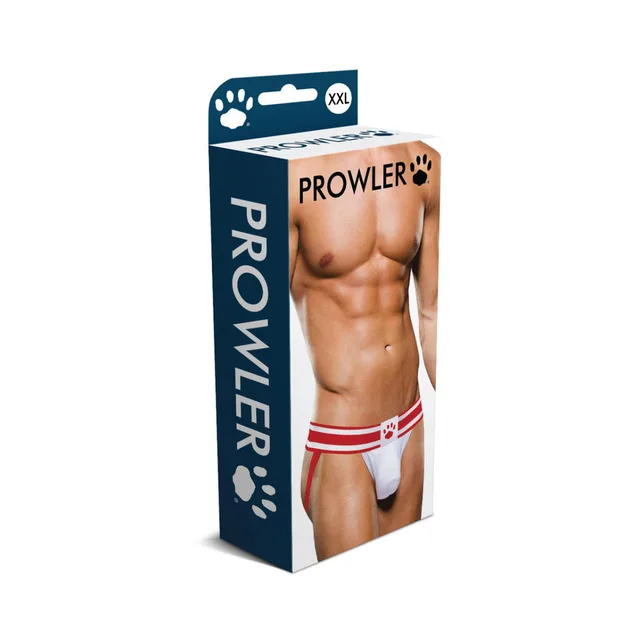 Prowler white-and-red 2XL jock strap shown in front retail box