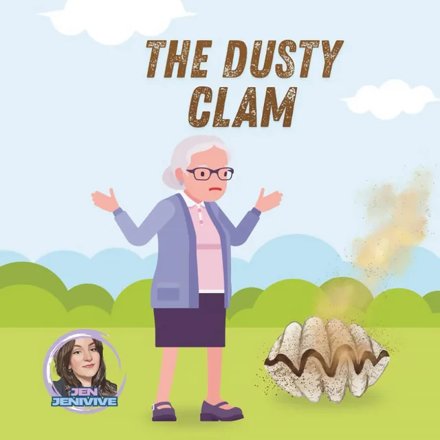 Front cover of The Dusty Clam adult humor book with an older woman standing beside a large illustrated clam