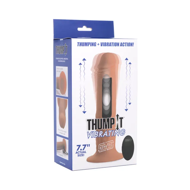 Beige Thump It medium vibrating dildo with black remote in blue retail box