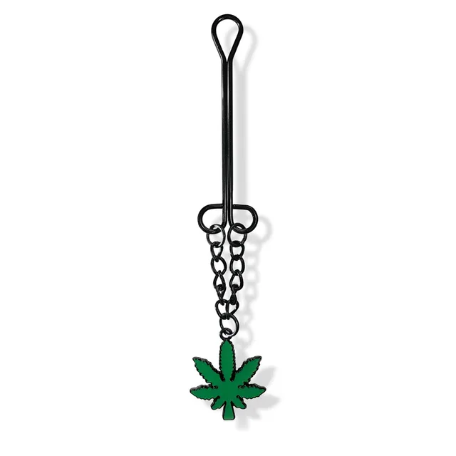black slide-to-fit clamp with short chain and cannabis charm