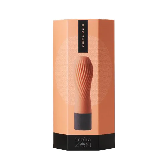 iroha Zen Hanacha mini vibrator tall orange-and-gold box with ribbed orange product graphic and black name strip
