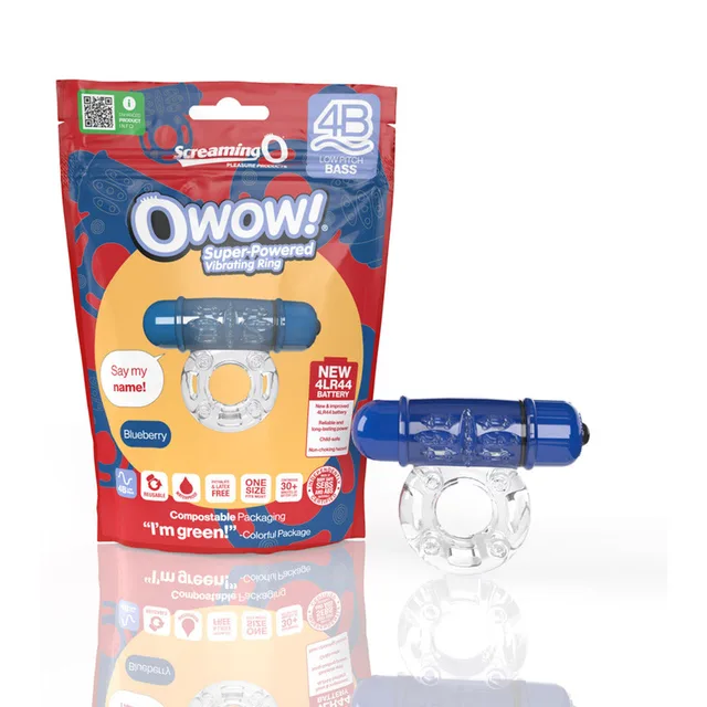 Screaming O OWow blue vibrating ring beside retail pouch