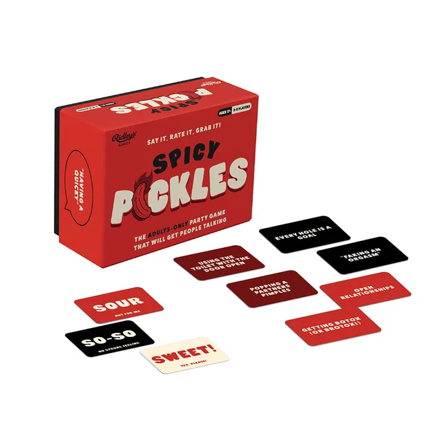 Red Spicy Pickles adults-only party game box with illustrated cards