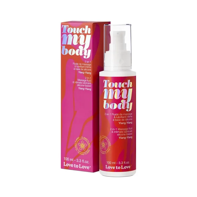 Touch My Body Ylang-Ylang pump bottle beside colorful retail box