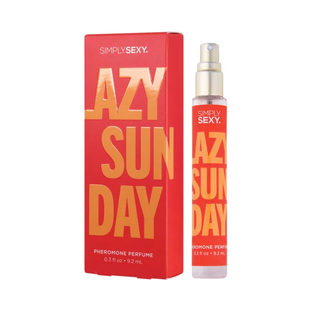 Lazy Sunday perfume bottle beside red-orange retail box