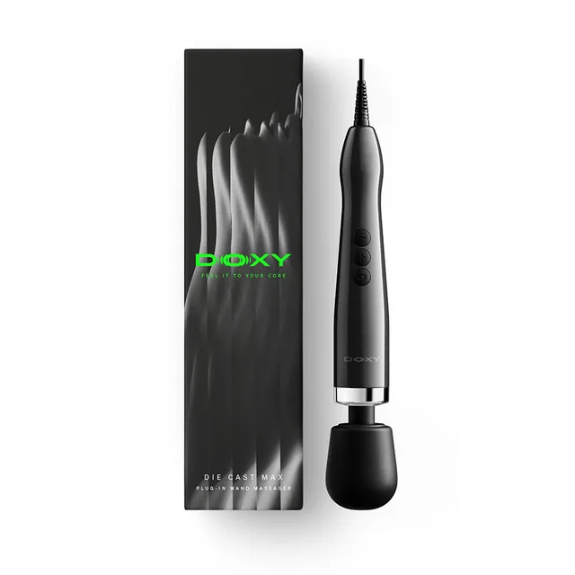 Doxy Die Cast Max plug-in black wand beside black retail box