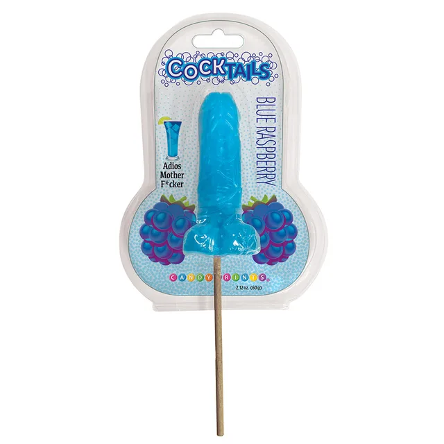 blue Cocktails Blue Raspberry penis-shaped lollipop in clear clamshell