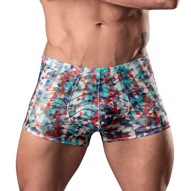 Male Power Your Lace Or Mine XL multicolor geometric pouch short front view worn by model