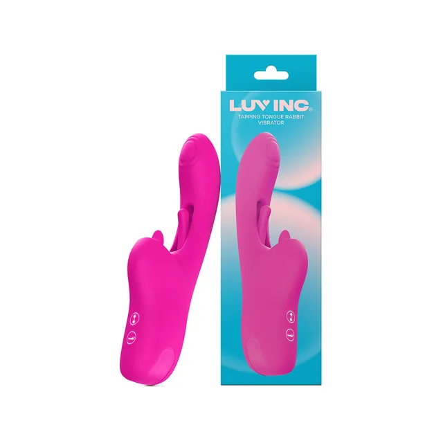 Hot-pink Luv Inc TR46 tongue-arm rabbit vibrator displayed beside teal package