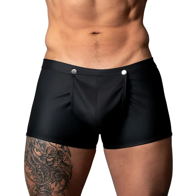 Male Power Oh Snap size S black trunk shorts front view worn by model