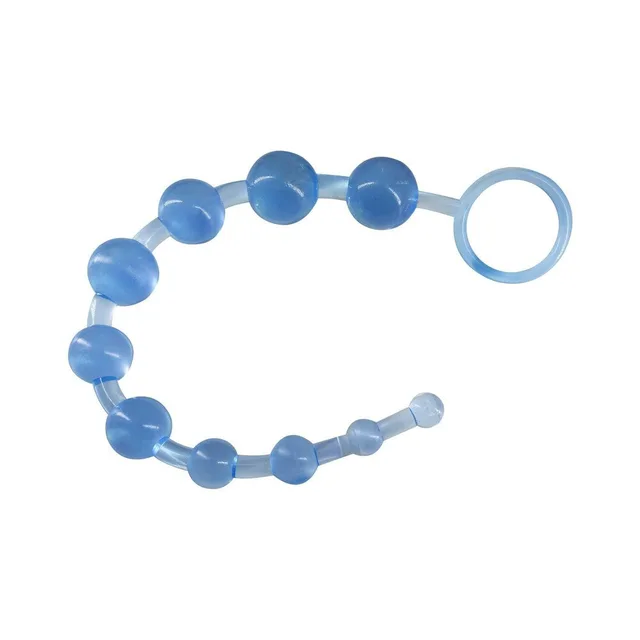Curved strand of blue graduated anal beads with circular retrieval ring