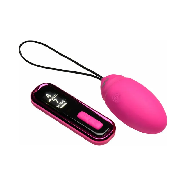 BANG silicone vibrating egg with digital remote beside the slim digital display remote