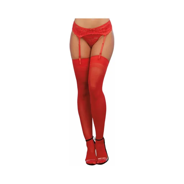 Front view of red sheer plain-top thigh highs