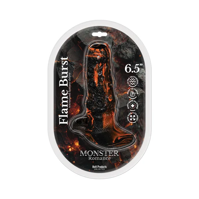 Monster Romance Flame Burst orange textured sleeve in clear oval package