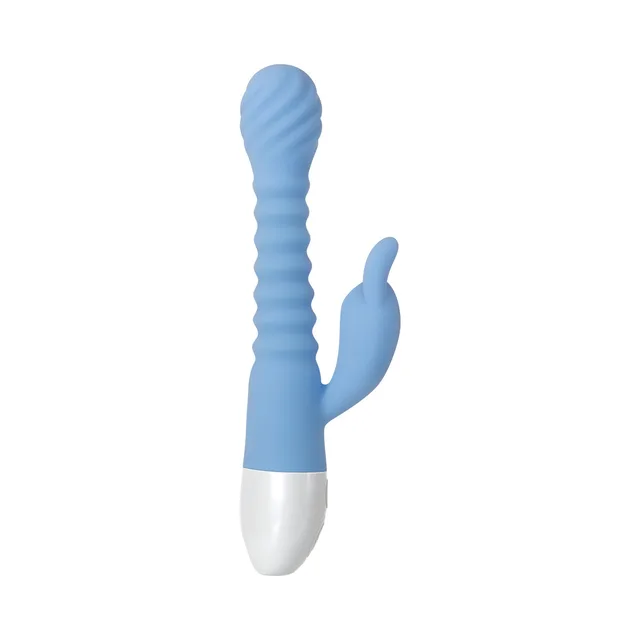 Evolved Bendy Bunny blue rabbit vibrator left side angle with ribbed shaft, curved side arm and white base