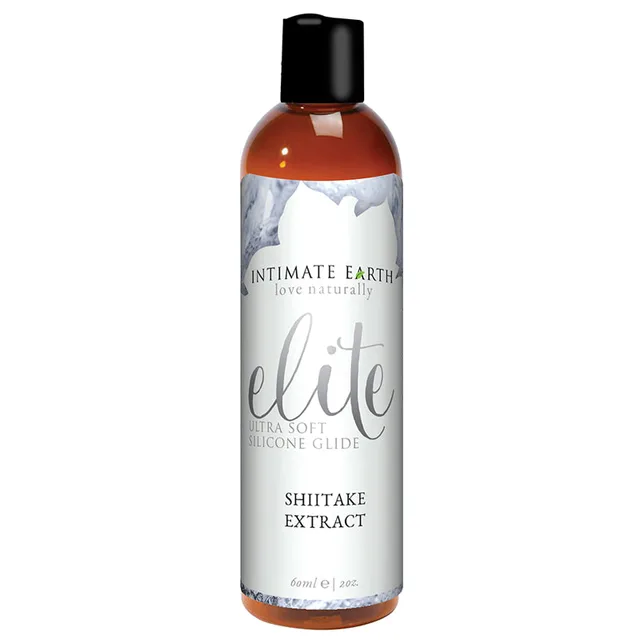 Intimate Earth Elite Shiitake Glide slim amber bottle with silver shiitake label and black cap